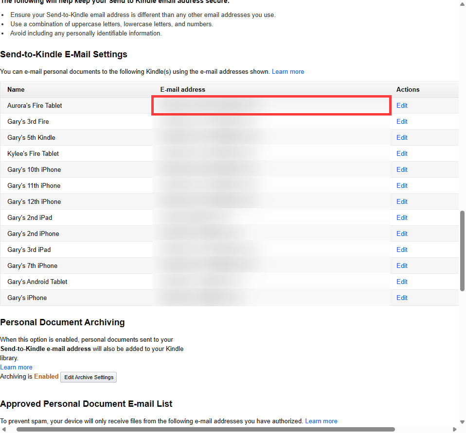 Send-to-Kindle E-Mail Settings showing list of Kindles, with the first email address highlighted in a red box