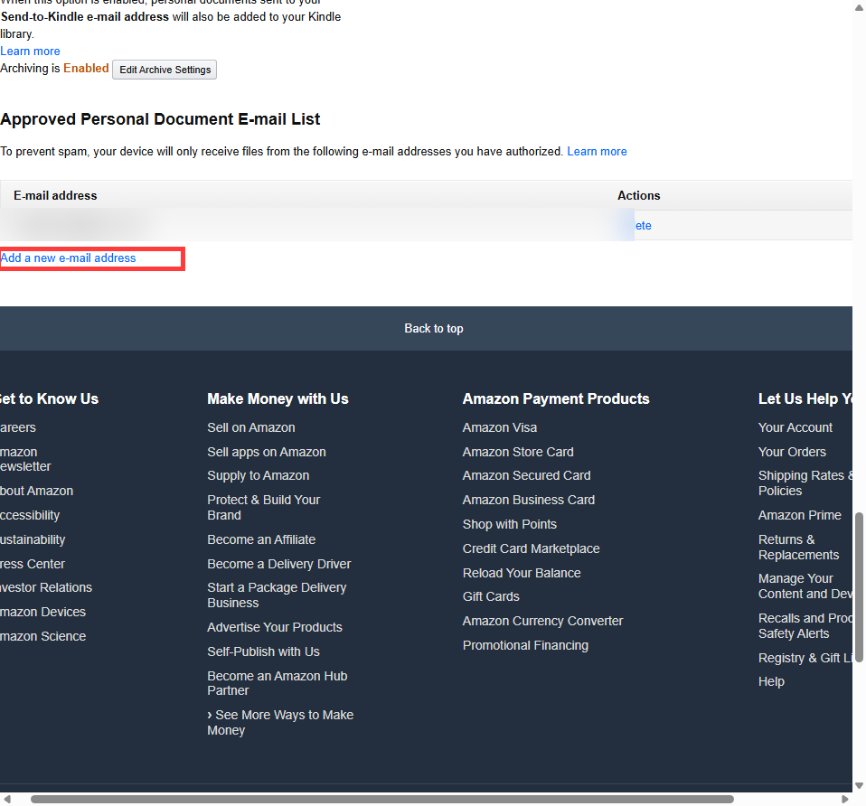 Approved Personal Document E-mail List with 'Add a new e-mail address' link highlighted in red