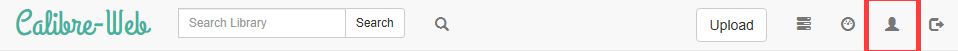 Calibre-Web top navigation bar with the profile person icon highlighted in red