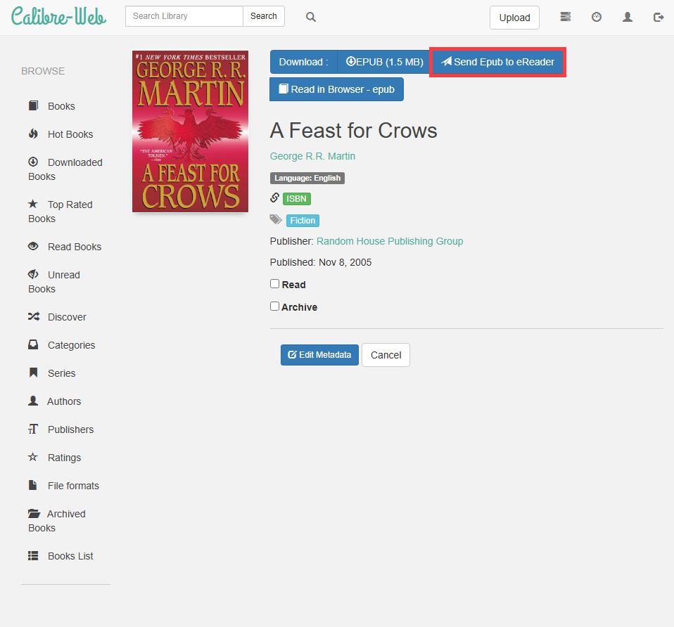Calibre-Web book page showing 'Send Epub to eReader' button highlighted in red